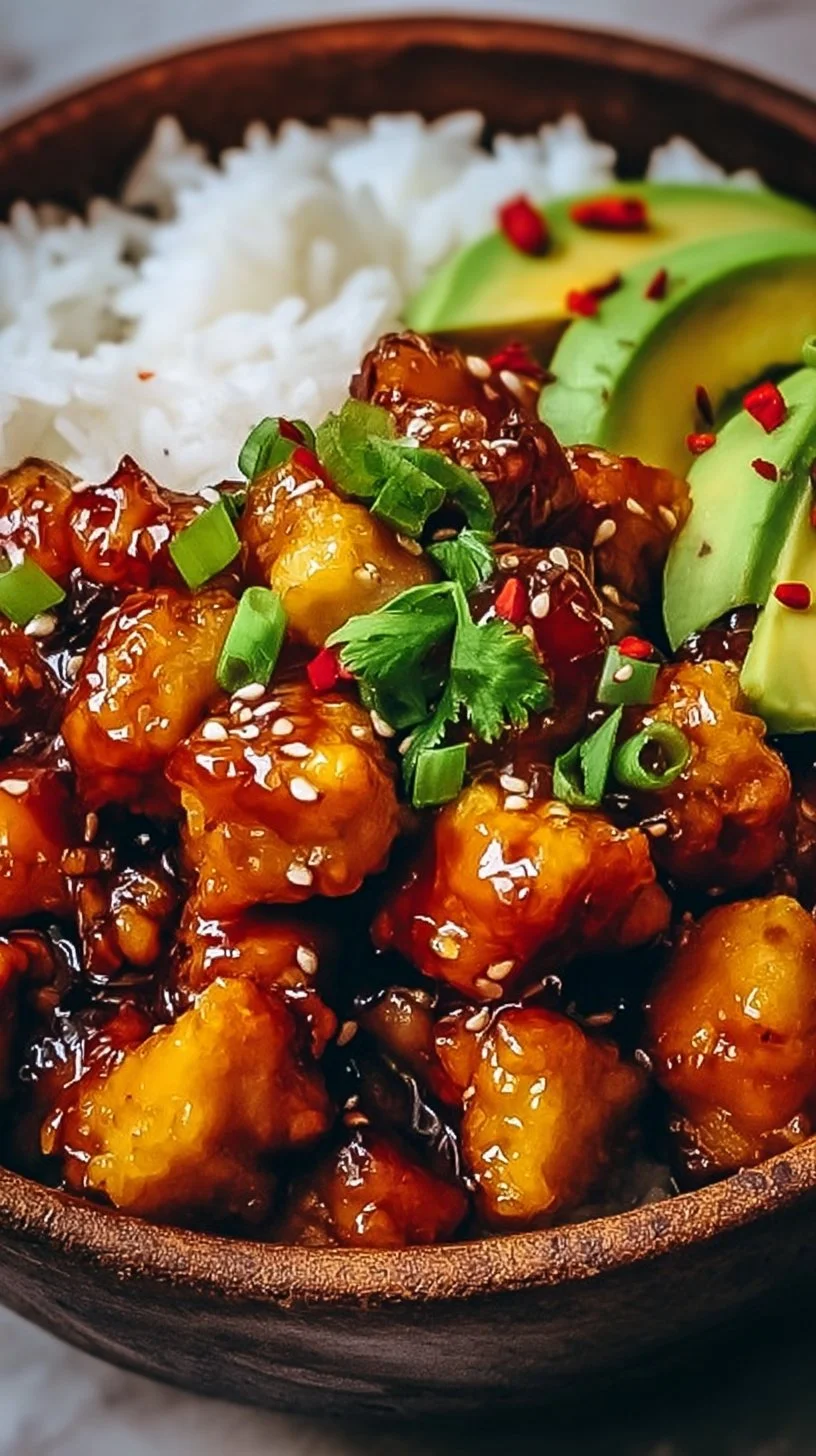 Hot Honey Chicken Bowls topped with fresh vegetables and drizzle of honey.