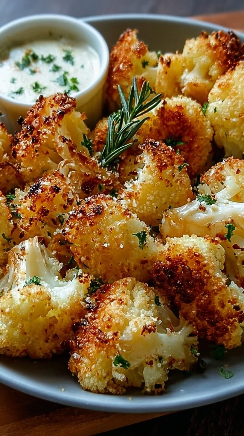 Crispy parmesan roasted cauliflower on a serving plate