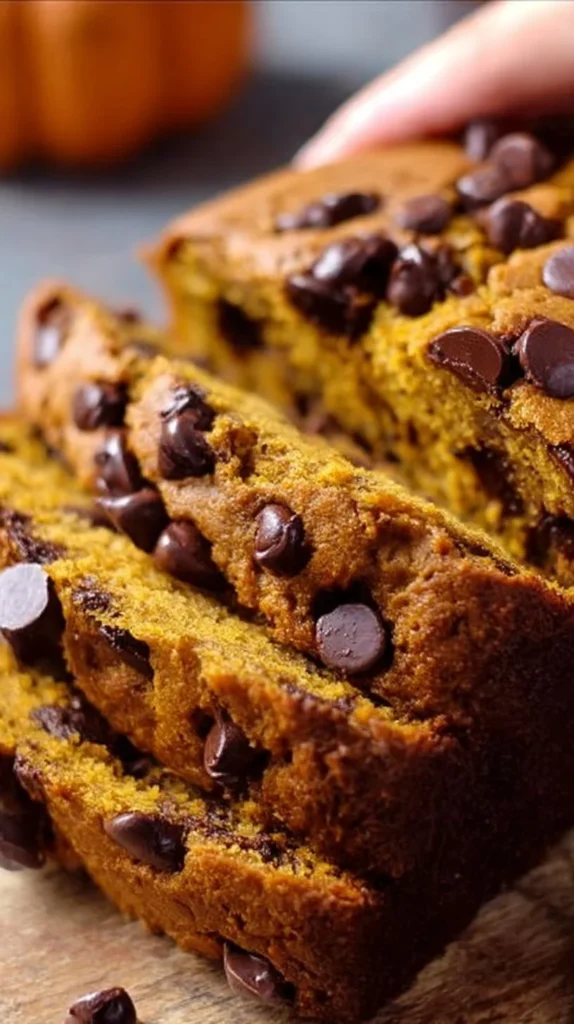 Slice of incredibly moist chocolate chip pumpkin bread on a wooden table