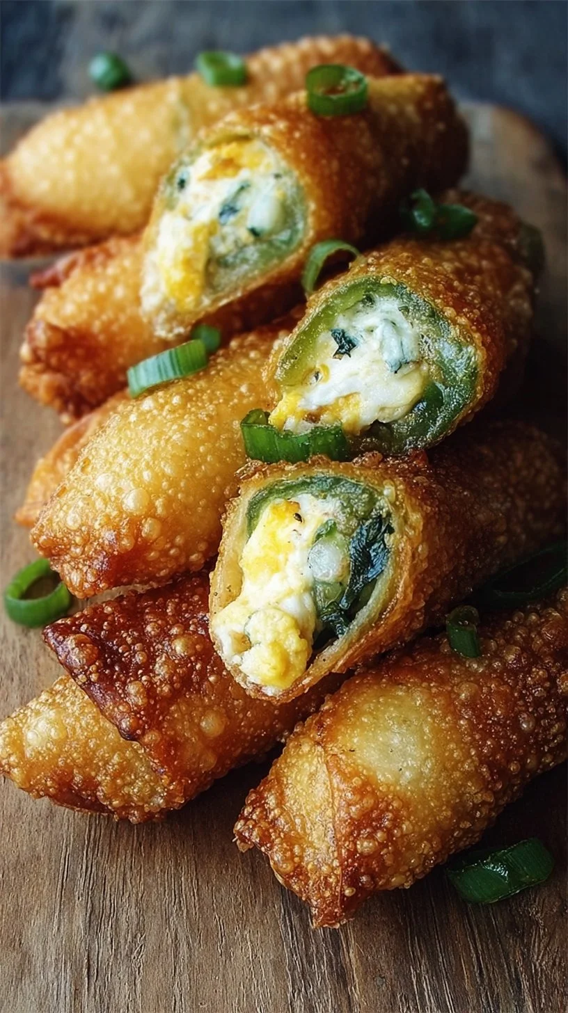 Crispy jalapeno poppers wrapped in egg roll wrappers, served as an appetizer.