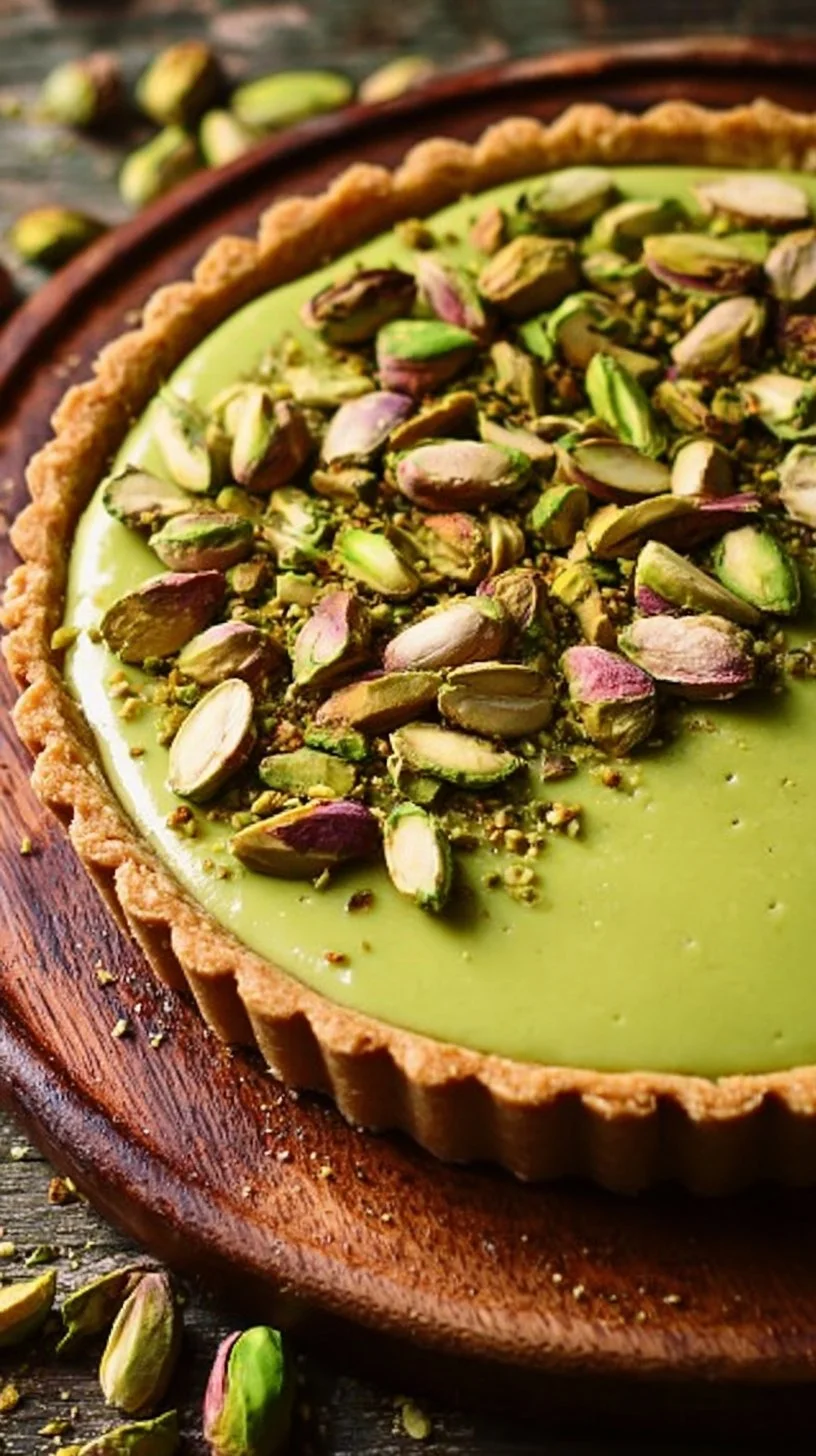 Delicious pistachio tart topped with creamy pistachio paste.