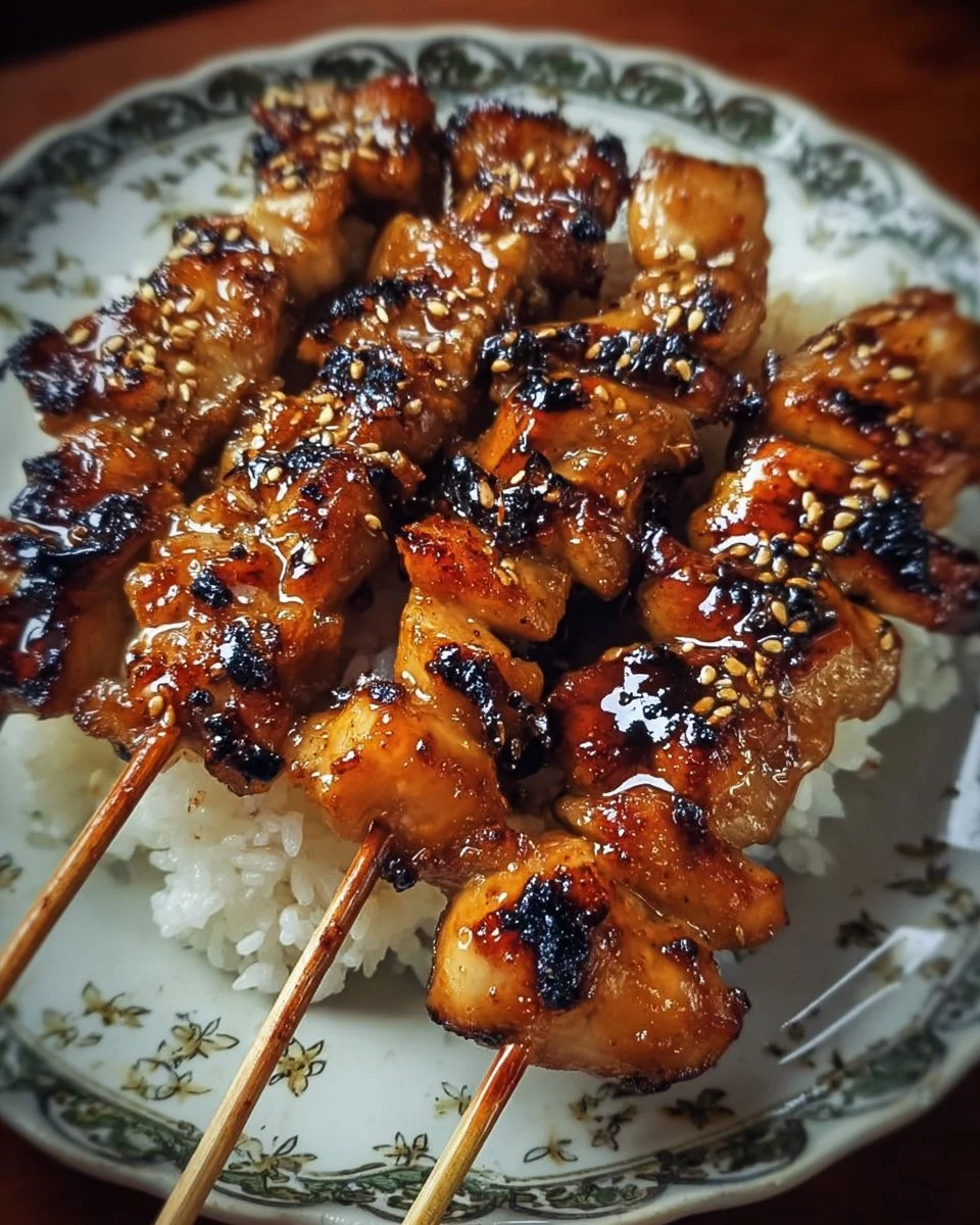Grilled Japanese chicken skewers with glaze and vegetables