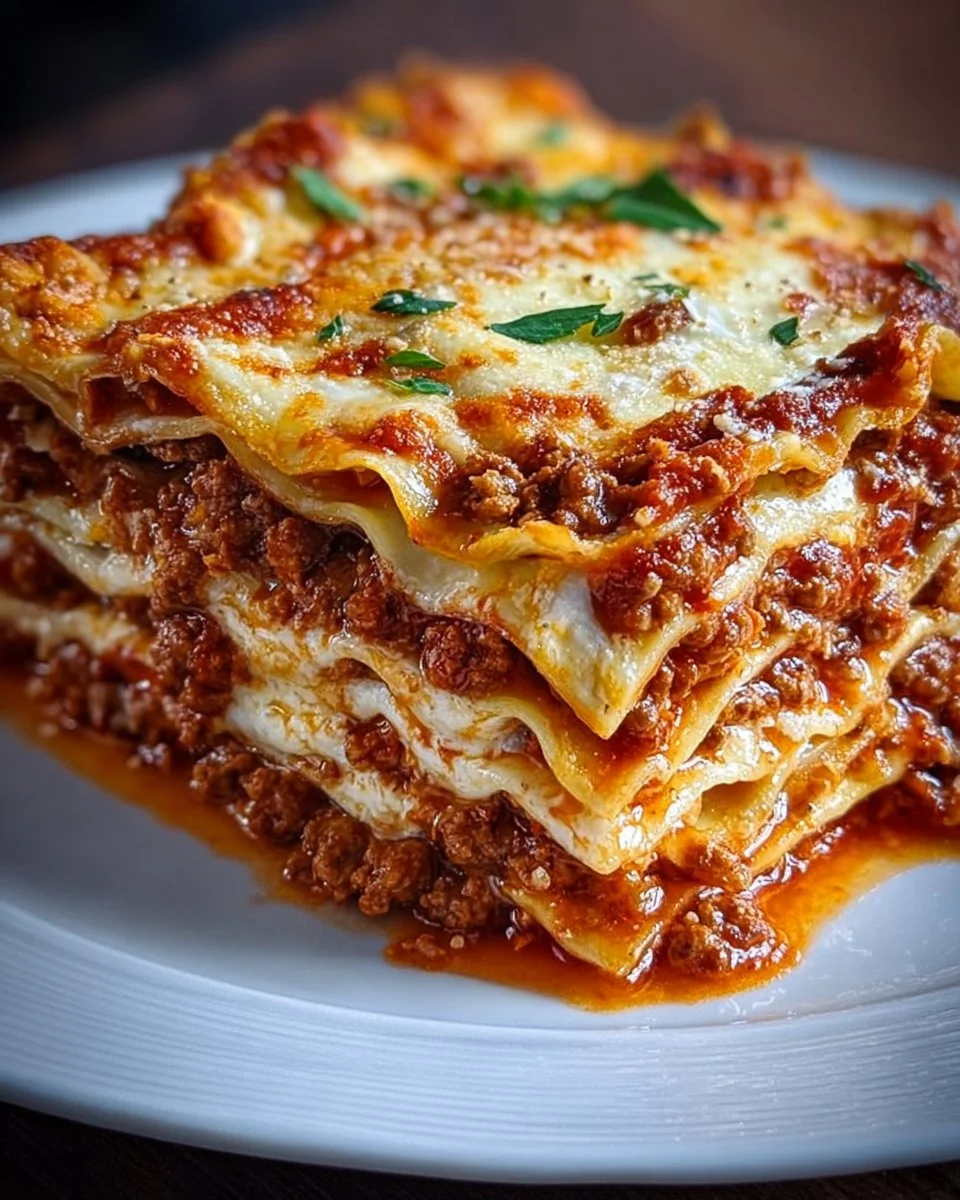 Lasagna with ricotta cheese and meat sauce served in a dish