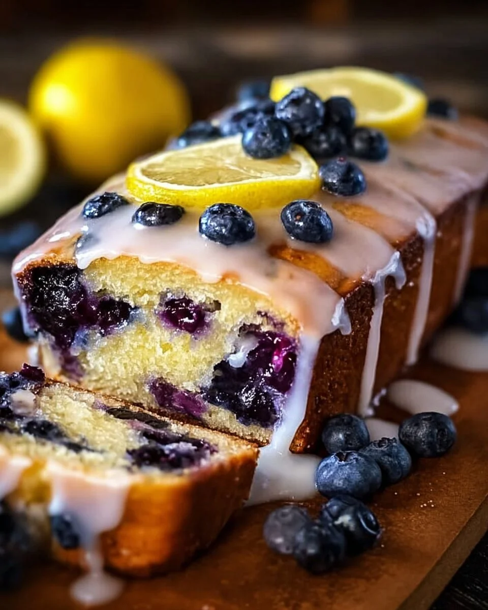 Slice of Lemon Blueberry Loaf drizzled with lemon glaze on a white plate.