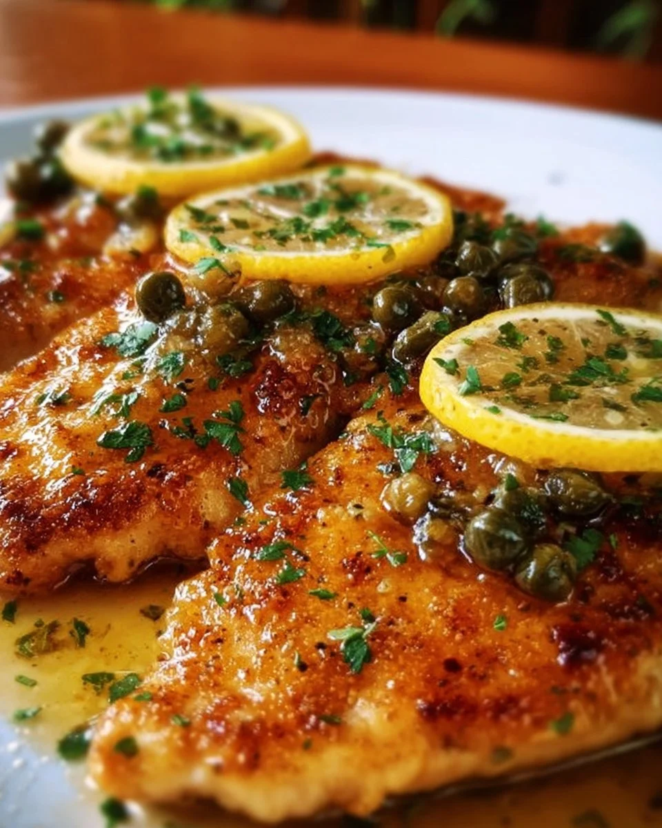 Lemon Chicken Piccata served with lemon slices and parsley garnished.