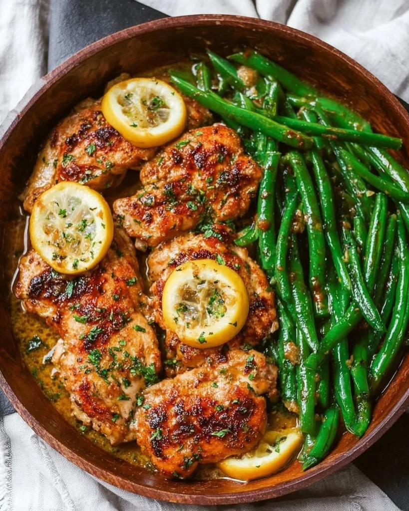 Lemon Garlic Butter Chicken served with fresh green beans in a vibrant dish
