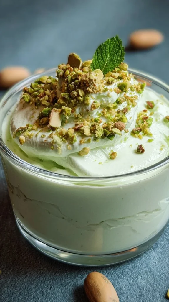 Low-carb pistachio cheesecake fluff dessert in a serving dish