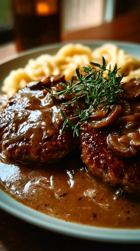 Delicious Low Cooker Salisbury Steak served with gravy and mashed potatoes