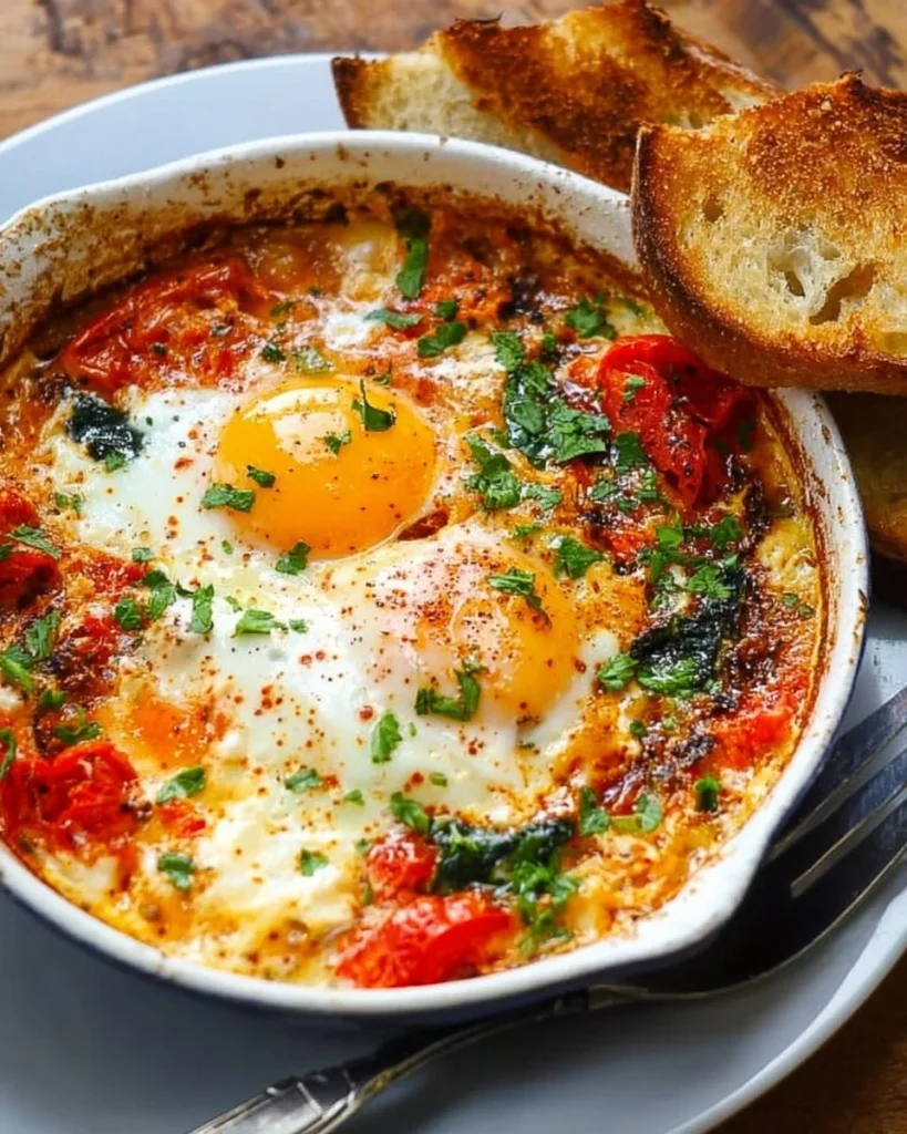 Mediterranean baked feta eggs dish, featuring creamy feta and perfectly baked eggs
