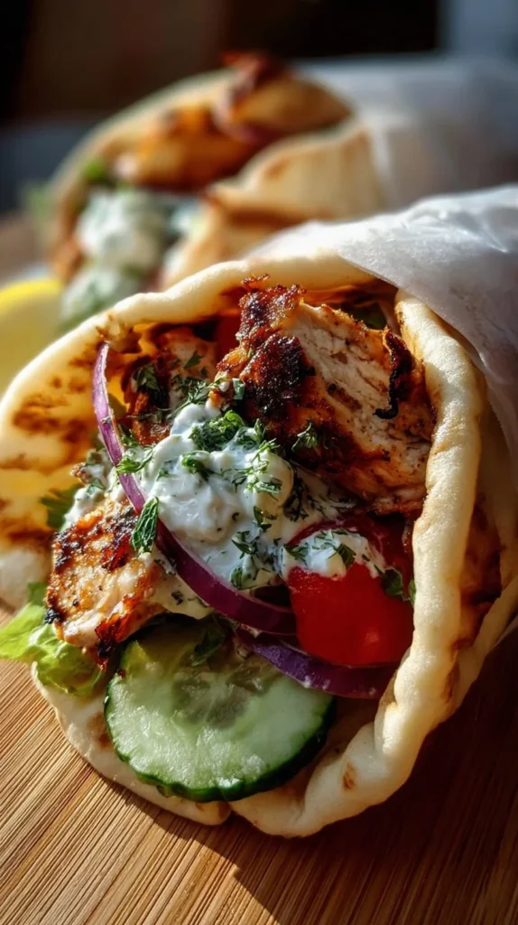 Delicious Mediterranean chicken gyros served with fresh vegetables and tzatziki sauce.