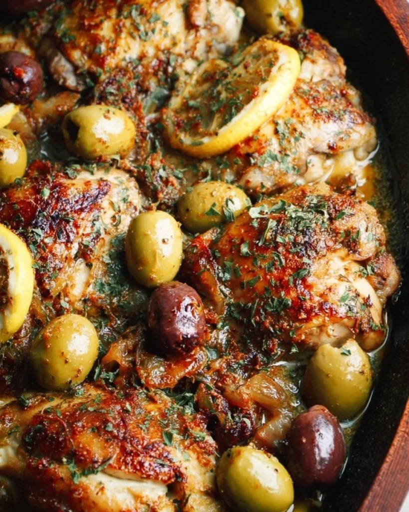 Mediterranean Chicken dish with lemons and olives on a plate