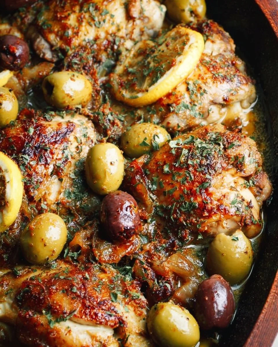Mediterranean Chicken dish with lemons and olives on a plate