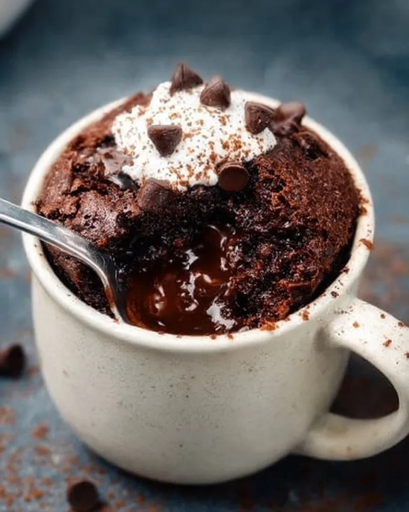Microwave brownie in a mug ready to enjoy