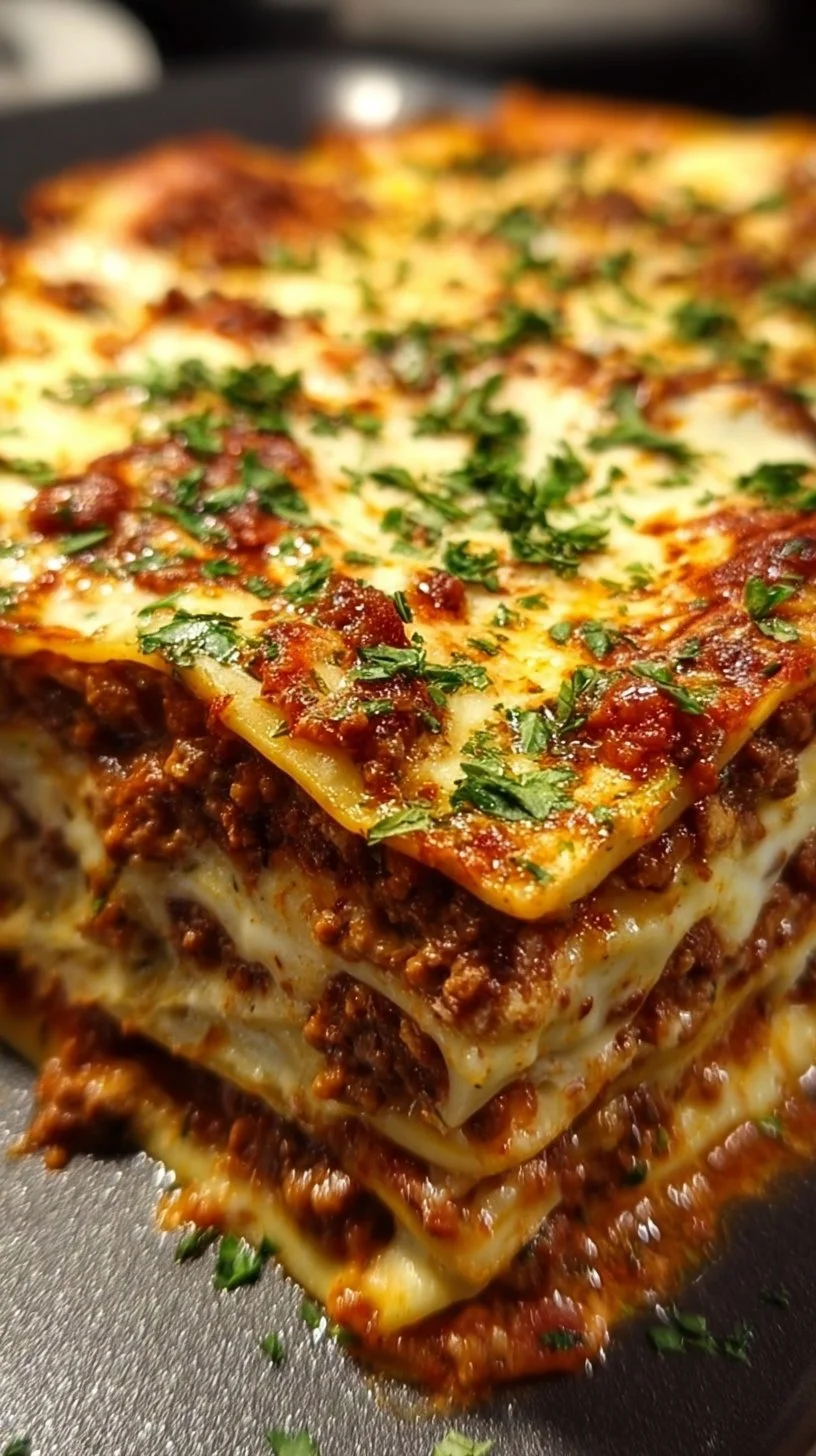 Delicious Million Dollar Lasagna topped with cheese and herbs on a wooden table
