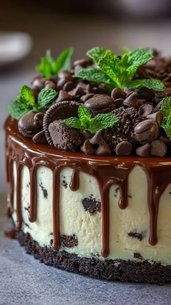 Mint Chocolate Chip Cheesecake Drip Cake with a green minty topping
