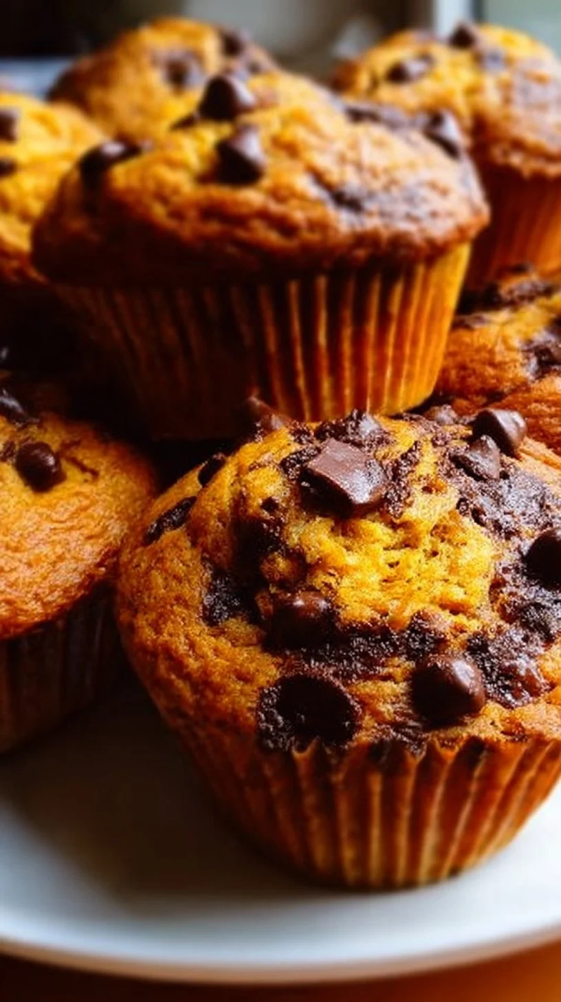 Moist pumpkin chocolate chip muffins fresh out of the oven