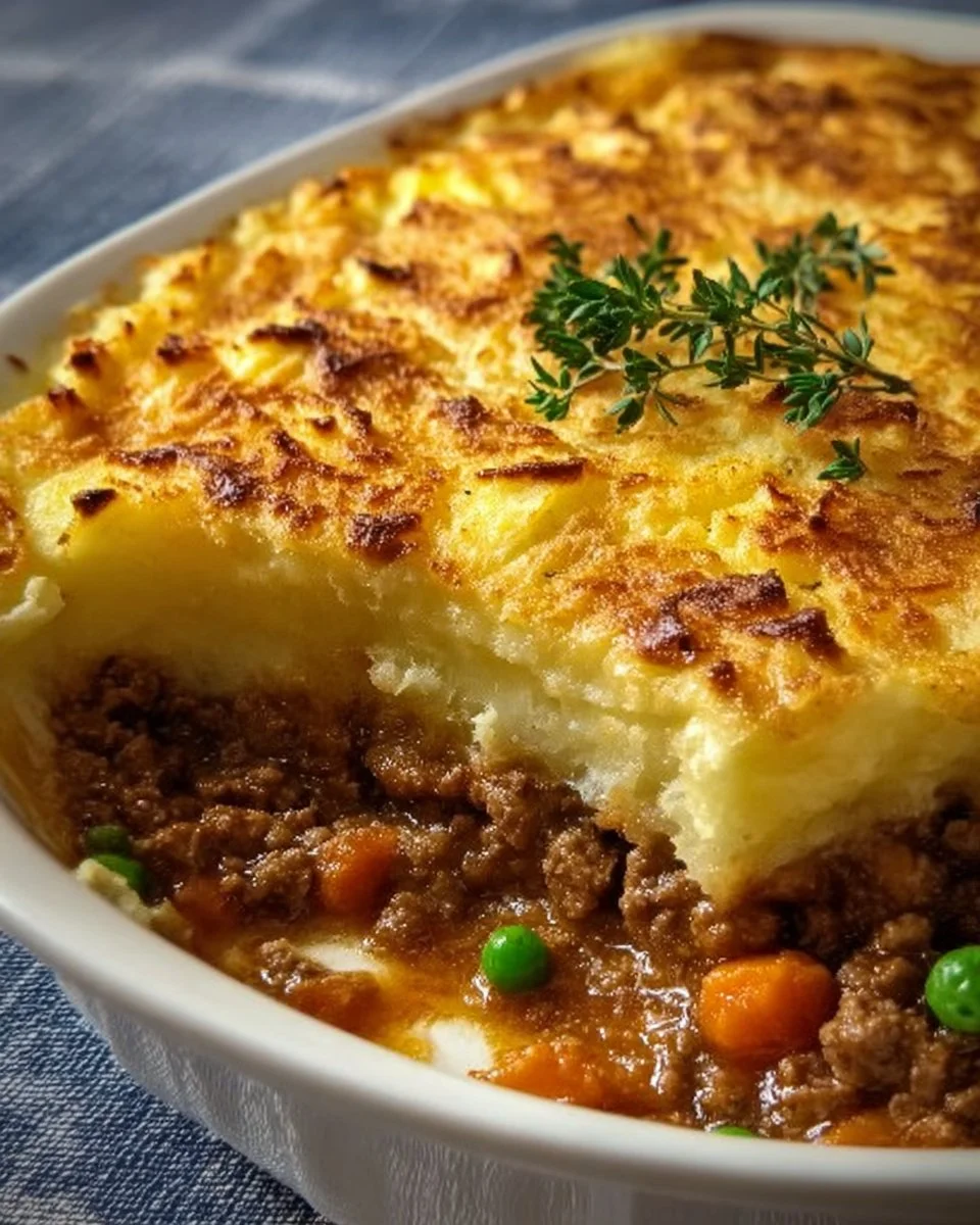 Delicious homemade Shepherd's Pie topped with creamy mashed potatoes.