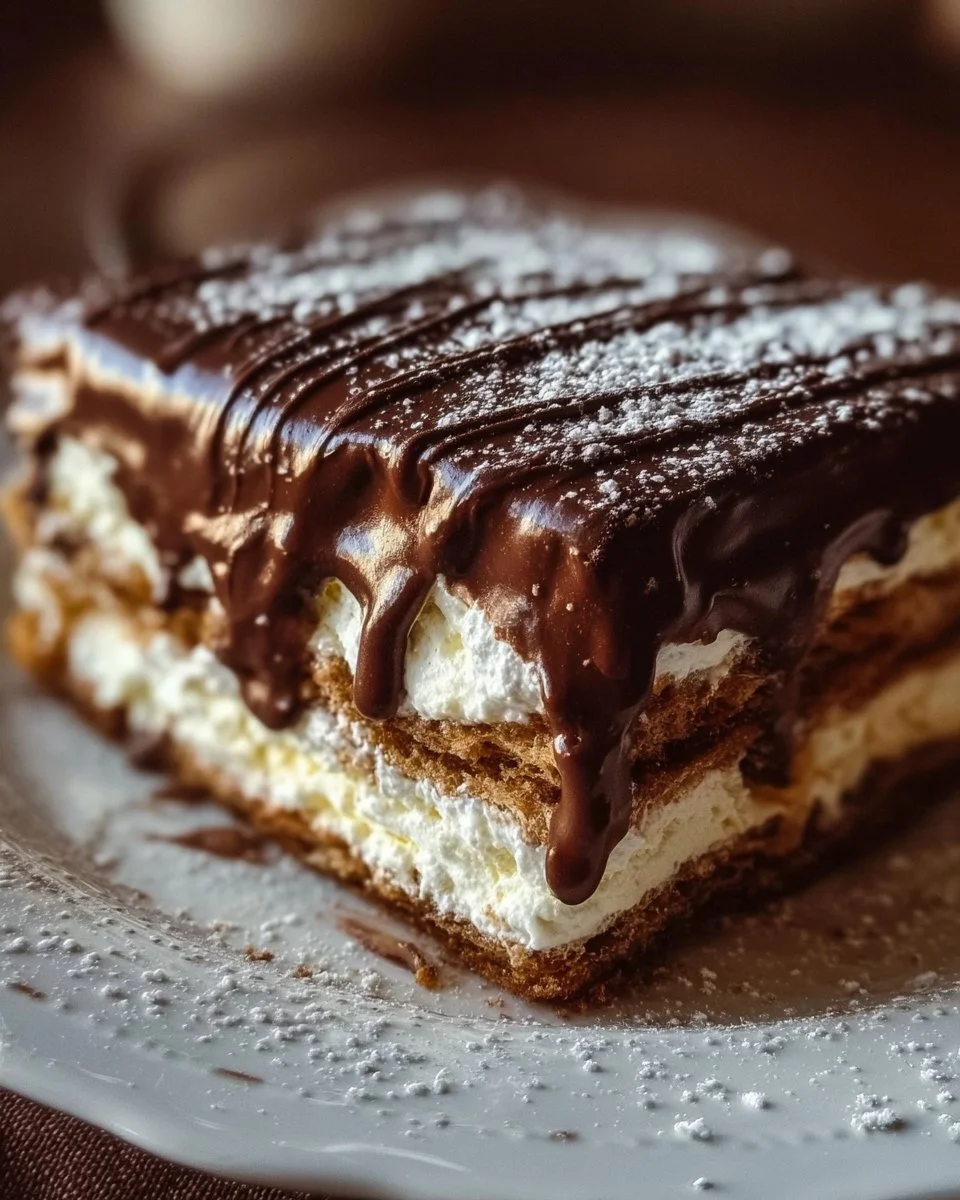 No-bake chocolate eclair cake topped with chocolate glaze and whipped cream.