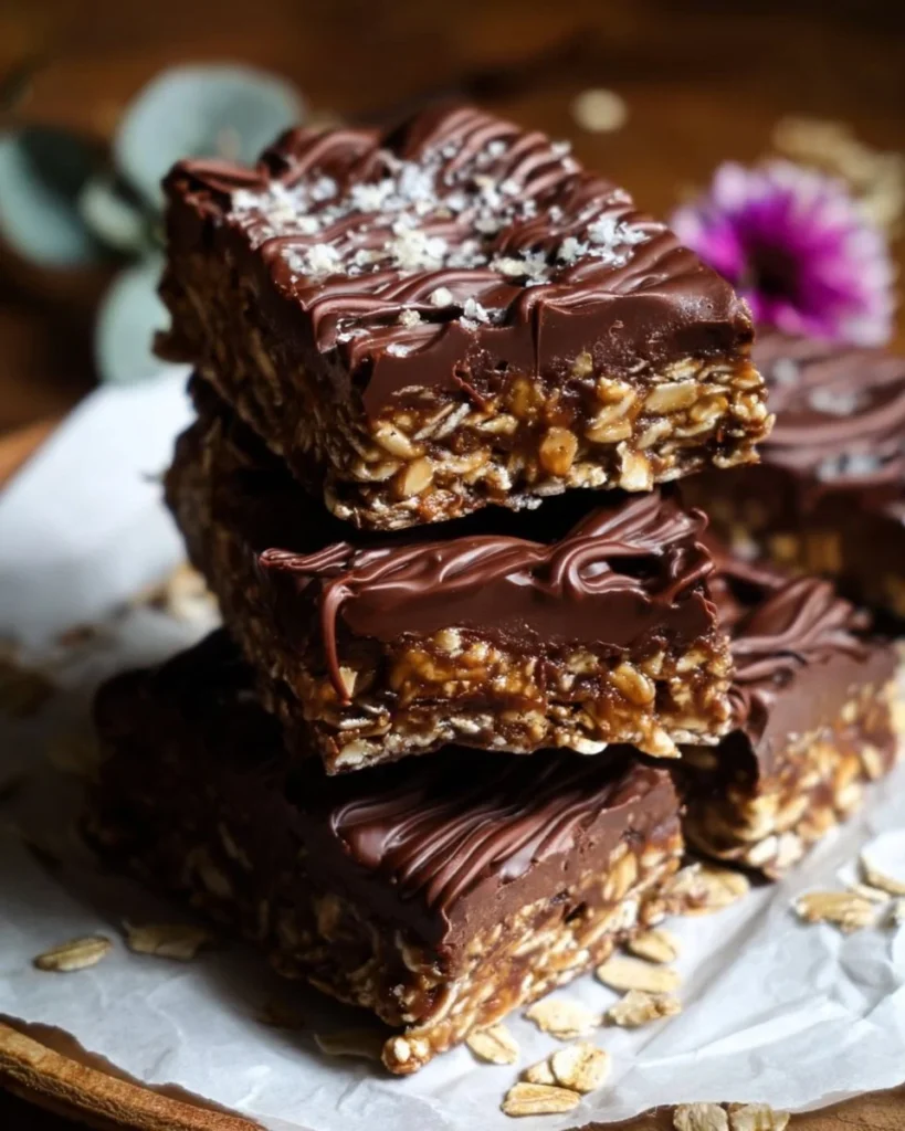 No-bake chocolate oat bars ready to be served on a plate