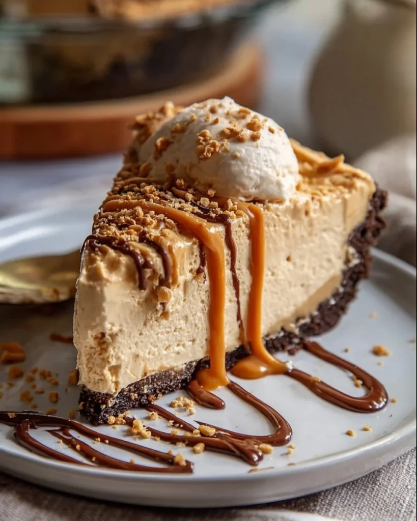 No Bake Cream Cheese Peanut Butter Pie topped with chocolate drizzle