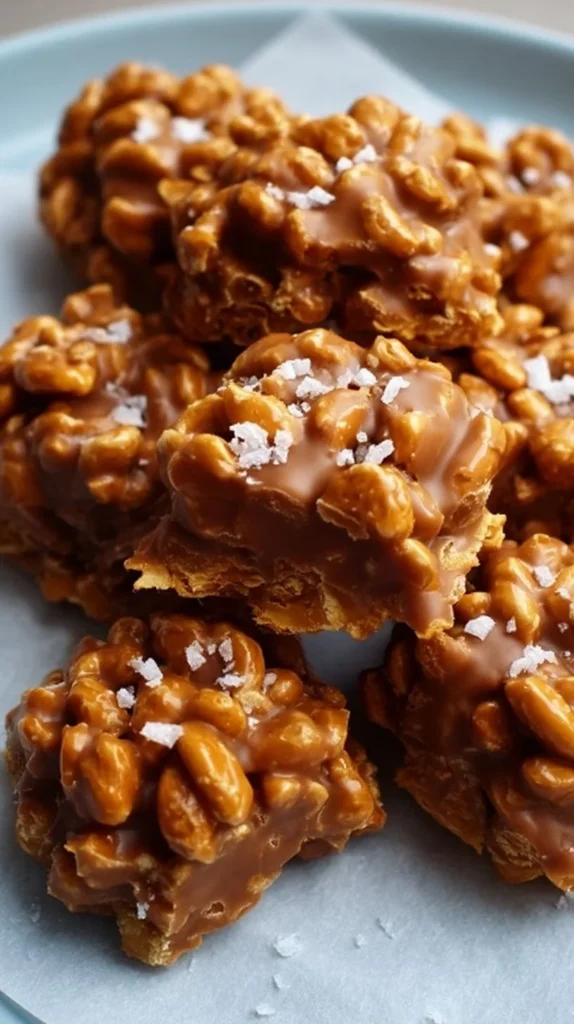 No-bake peanut butter pretzel clusters with chocolate topping