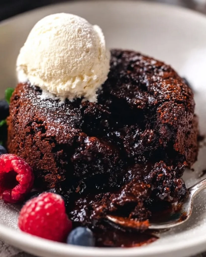 No Bowl Slow Cooker Chocolate Pudding Cake topped with whipped cream and chocolate shavings