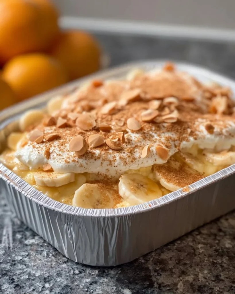 Delicious bowl of old fashioned banana pudding topped with vanilla wafers and banana slices.