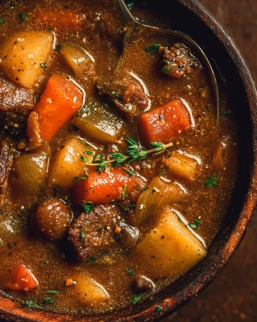 Delicious bowl of old fashioned beef stew with vegetables and herbs
