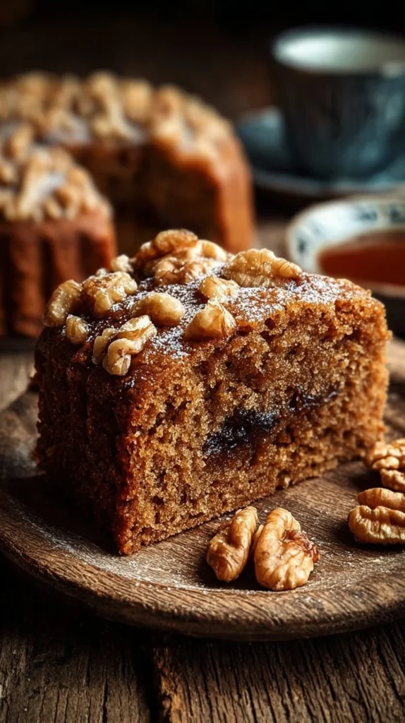 Slice of old-fashioned date and walnut cake on a plate