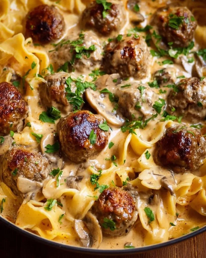 Delicious One Pan Meatball Stroganoff served in a skillet