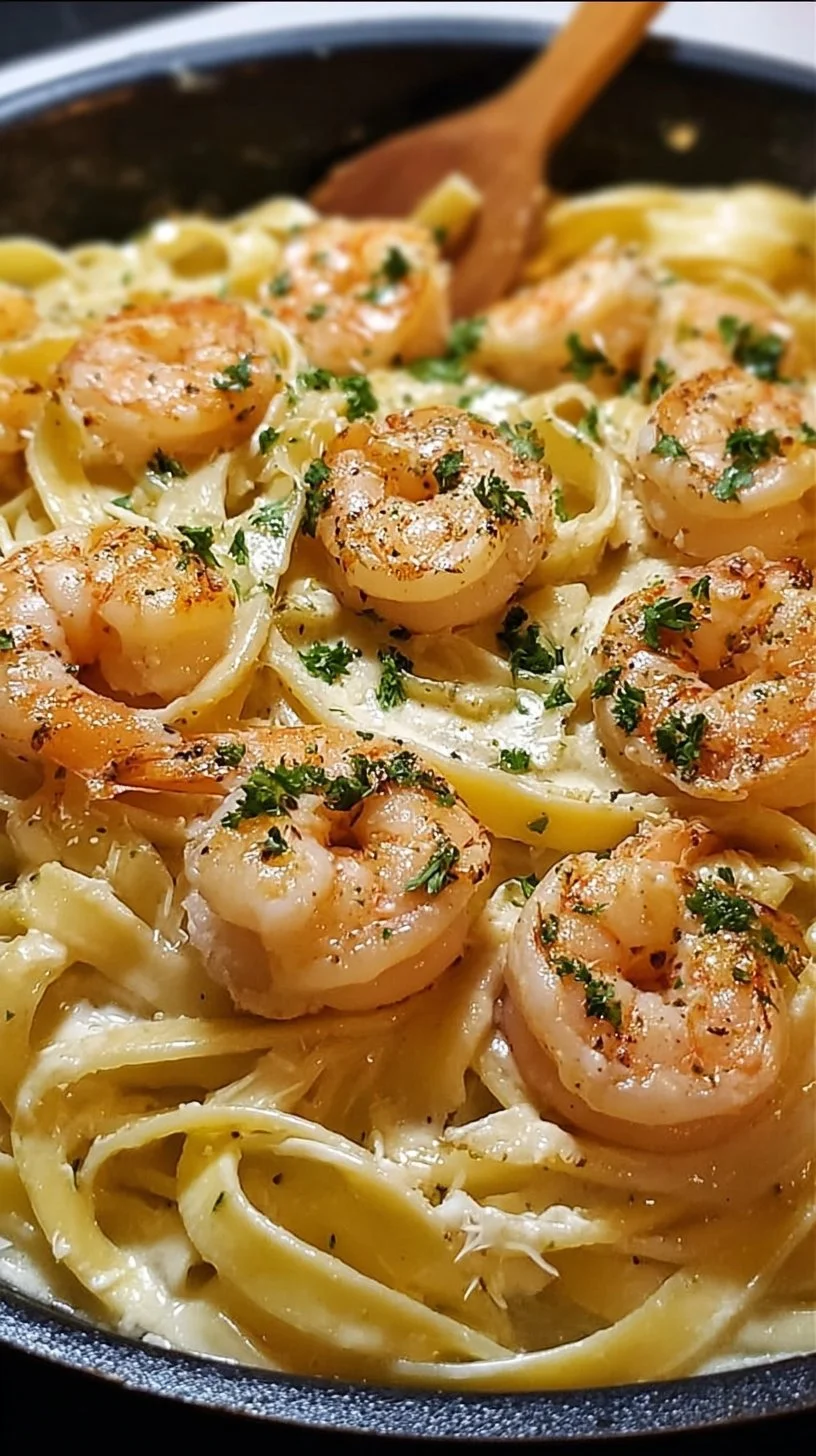 One Pan Shrimp Fettuccine Alfredo dish with shrimp and creamy sauce