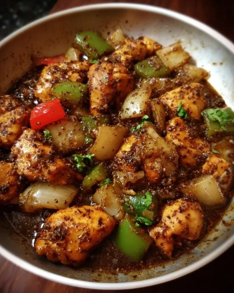 One-Pot Black Pepper Chicken served with rice and vegetables
