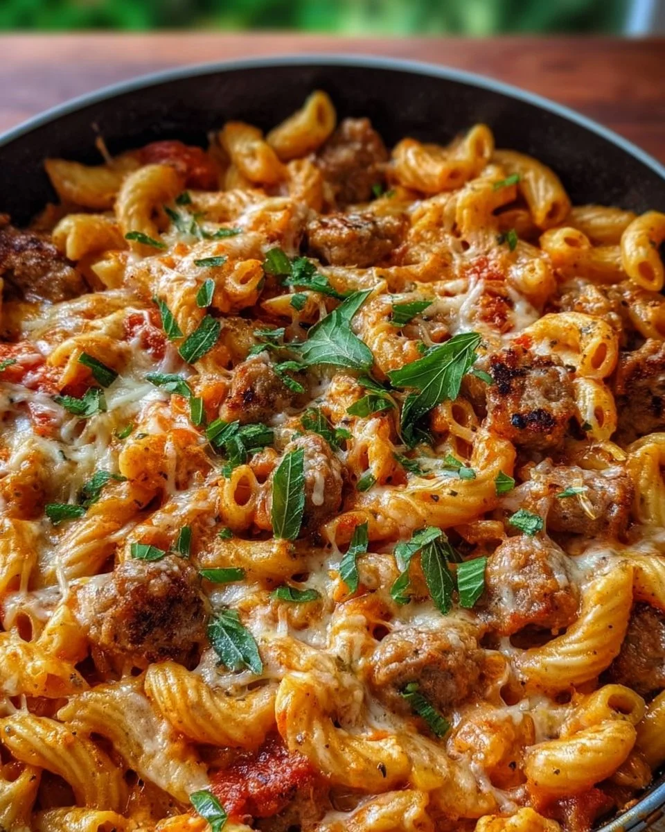 Delicious One Pot Cheesy Sausage Pasta served in a bowl