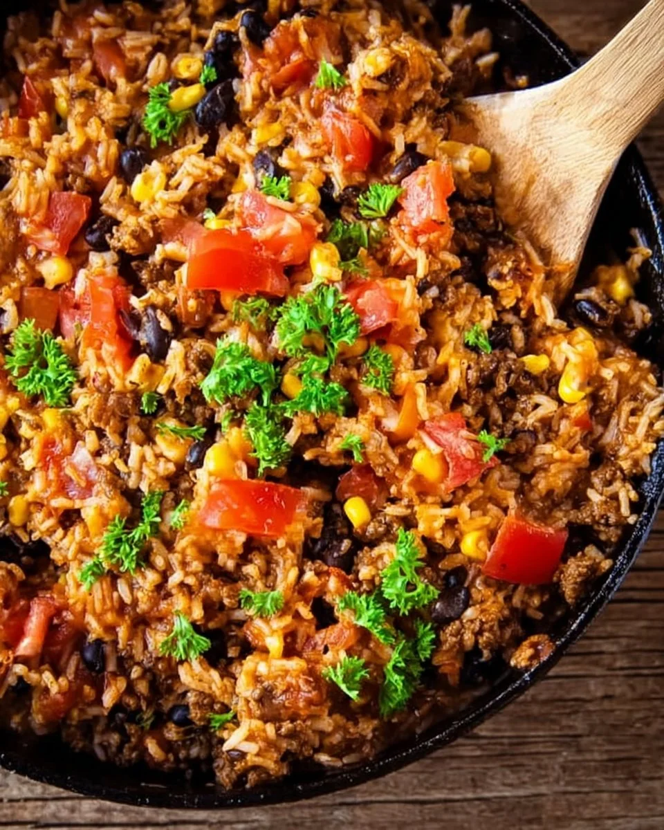 One Pot Mexican Beef and Rice Skillet served in a colorful dish.