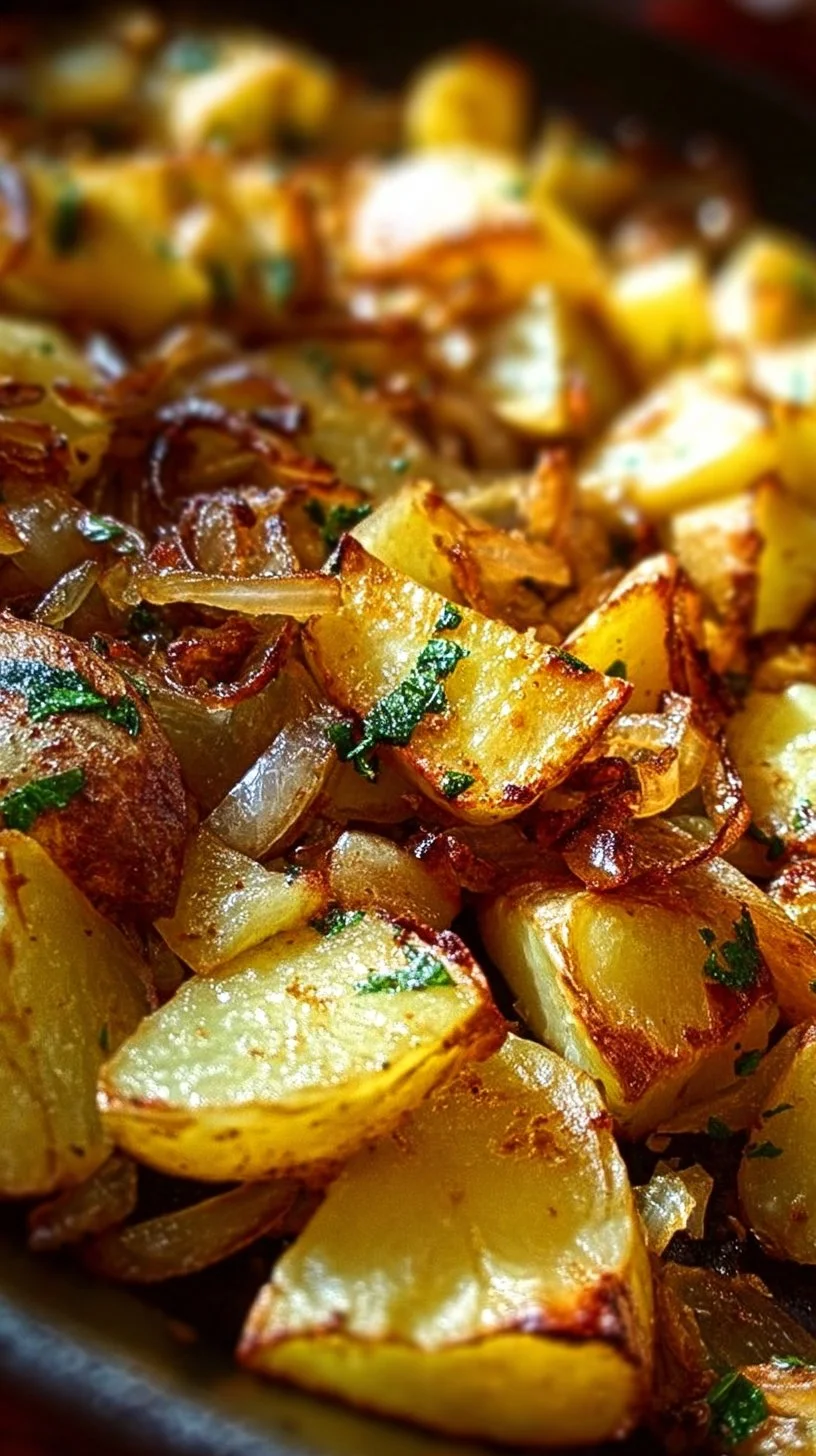 Delicious oven fried potatoes and onions served on a plate