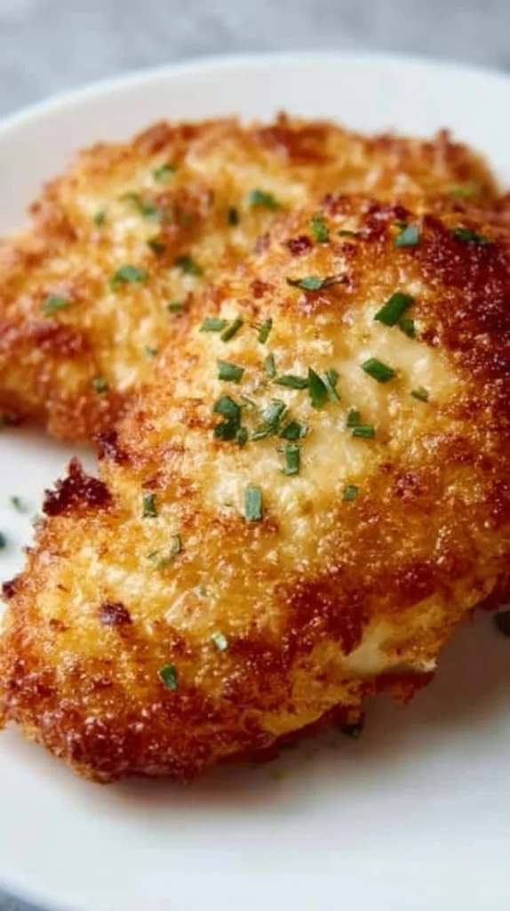 Delicious Parmesan Crusted Chicken served with herbs and spices