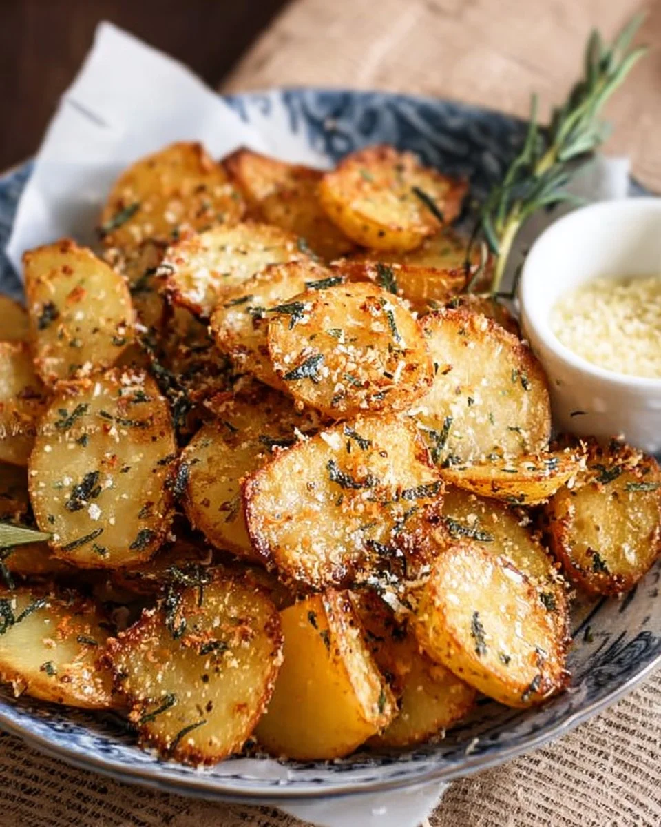 Crispy Parmesan Roasted Potatoes seasoned to perfection on a plate.