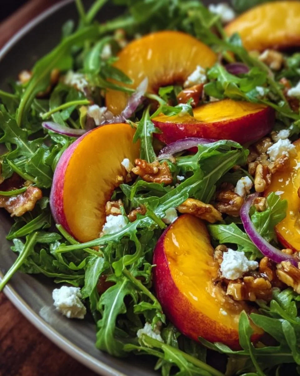 Delicious Peach Arugula Salad with fresh peaches and arugula leaves