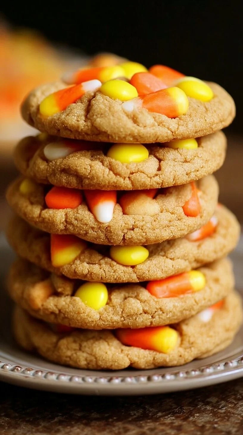 Peanut Butter Candy Corn Cookies with colorful candy corn and a peanut butter finish