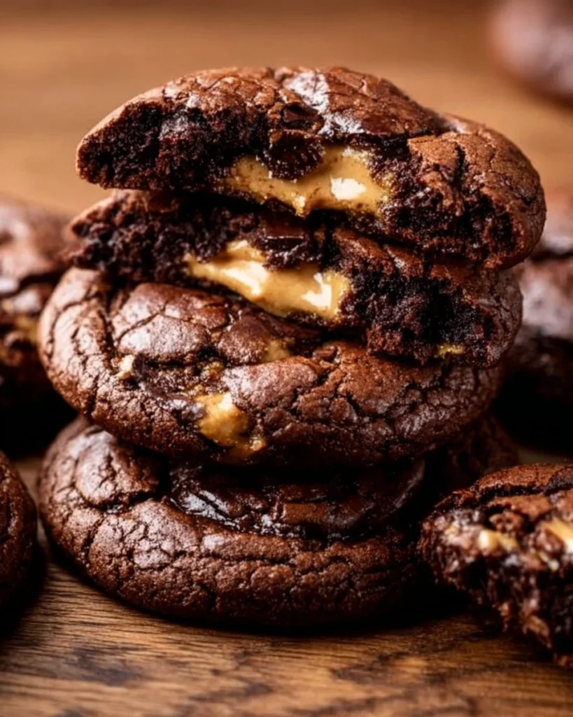 Peanut butter filled brownie cookies fresh from the oven