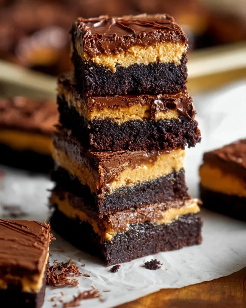 Delicious peanut butter truffle brownies topped with creamy peanut butter and chocolate drizzle.