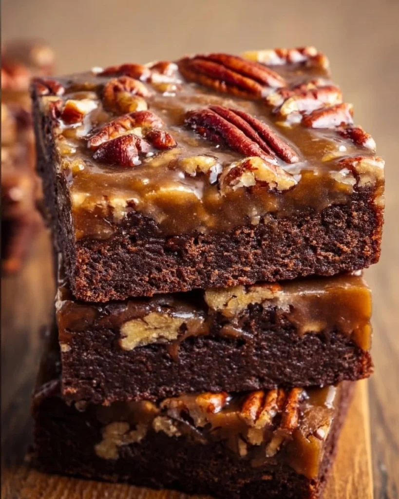 Delicious pecan pie brownies topped with crunchy pecans and chocolate