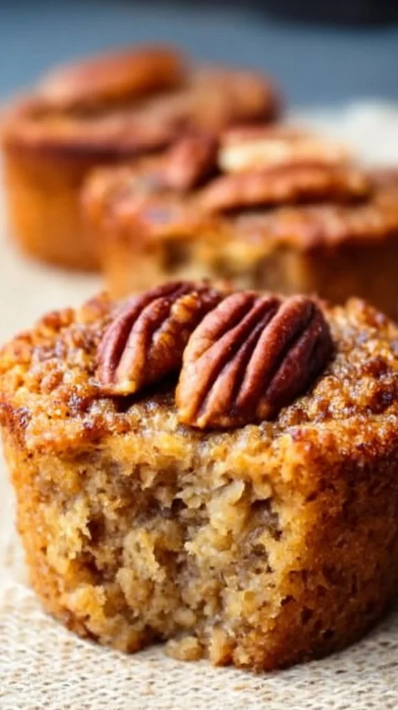 Freshly baked pecan pie muffins on a wooden table, topped with pecans