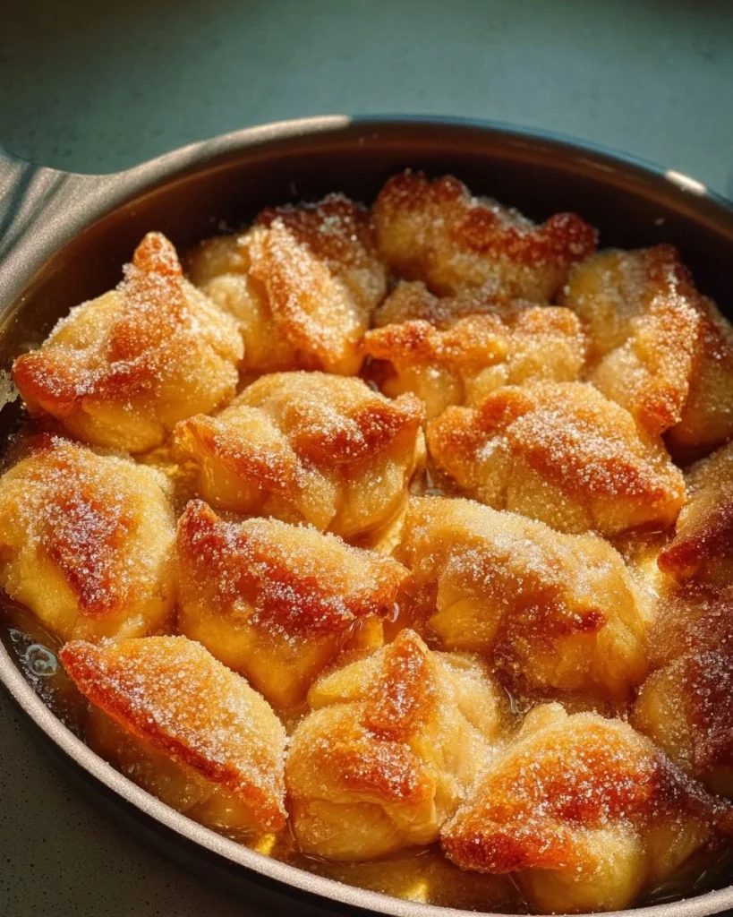 Homemade perfect peach dumplings with a golden crust and juicy peach filling.