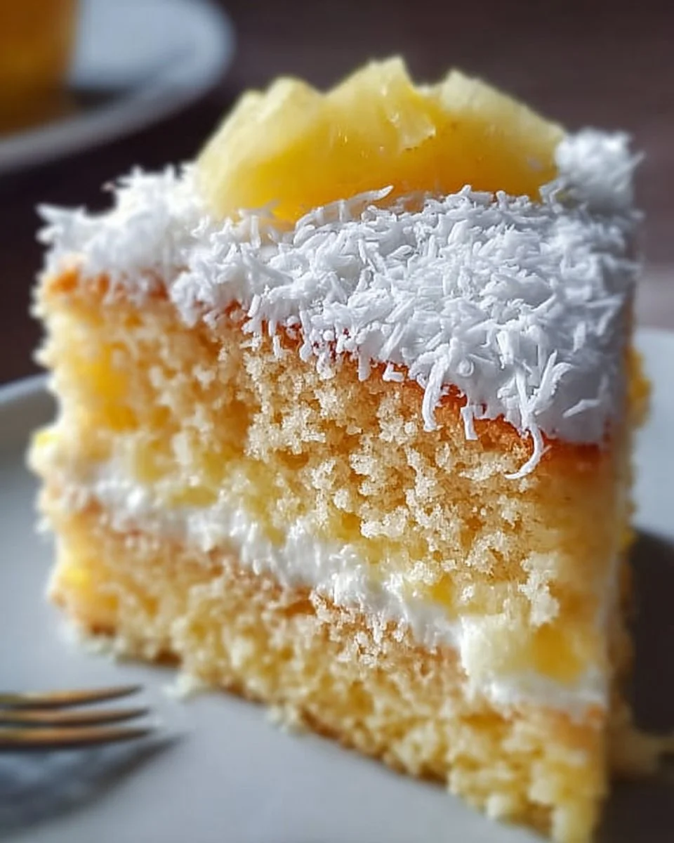 Pineapple Coconut Cake topped with fresh pineapple slices and coconut flakes