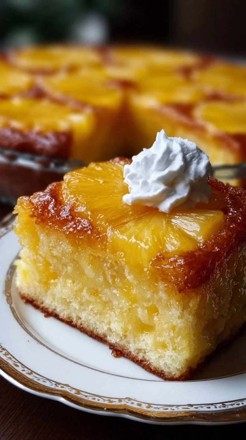 Sliced Pineapple Heaven Cake topped with fresh pineapple and cream