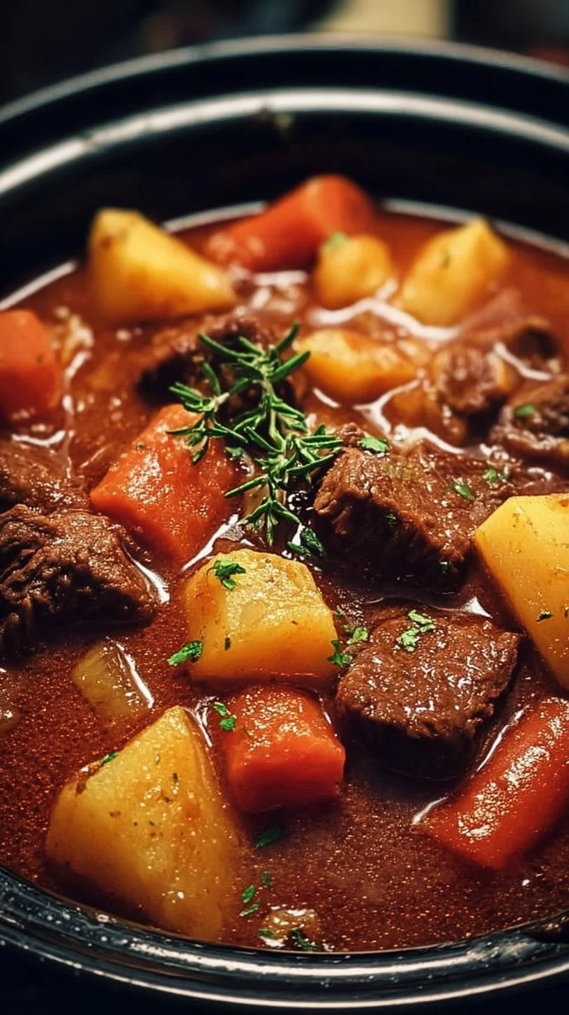 Pioneer Woman's crockpot beef stew in a bowl with fresh herbs on top.