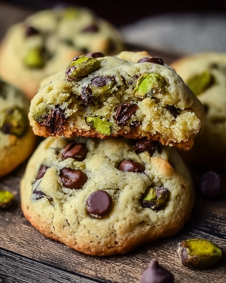 Pistachio cream chocolate chip cookies on a cooling rack