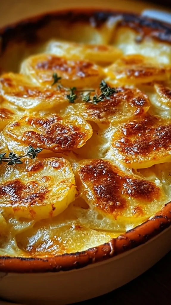 Delicious serving of Potatoes Au Gratin topped with cheese and herbs