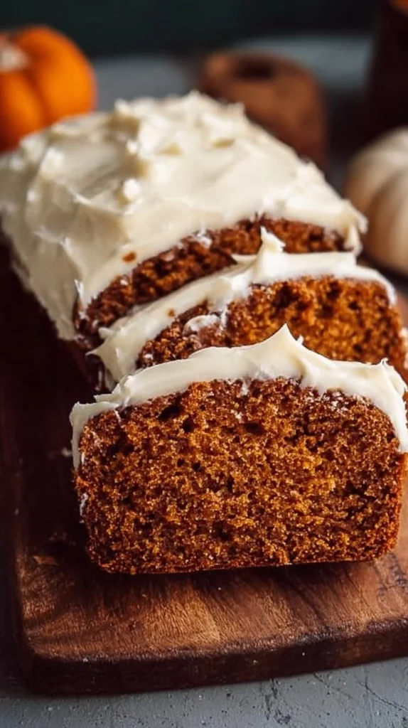 Slice of pumpkin bread with cream cheese frosting on a plate